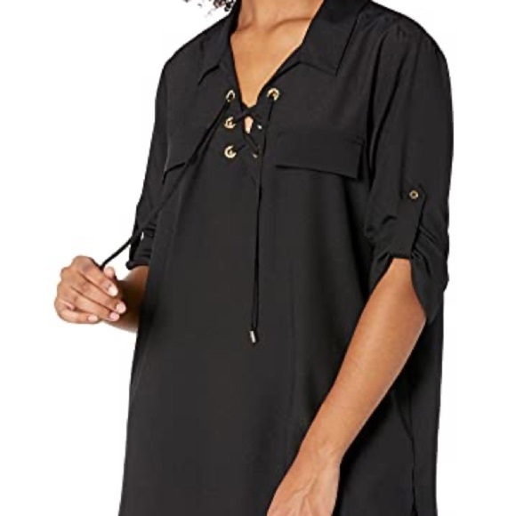 Calvin Klein modern essentials black roll tab sleeve blouse, Size S, NWT - Picture 1 of 10